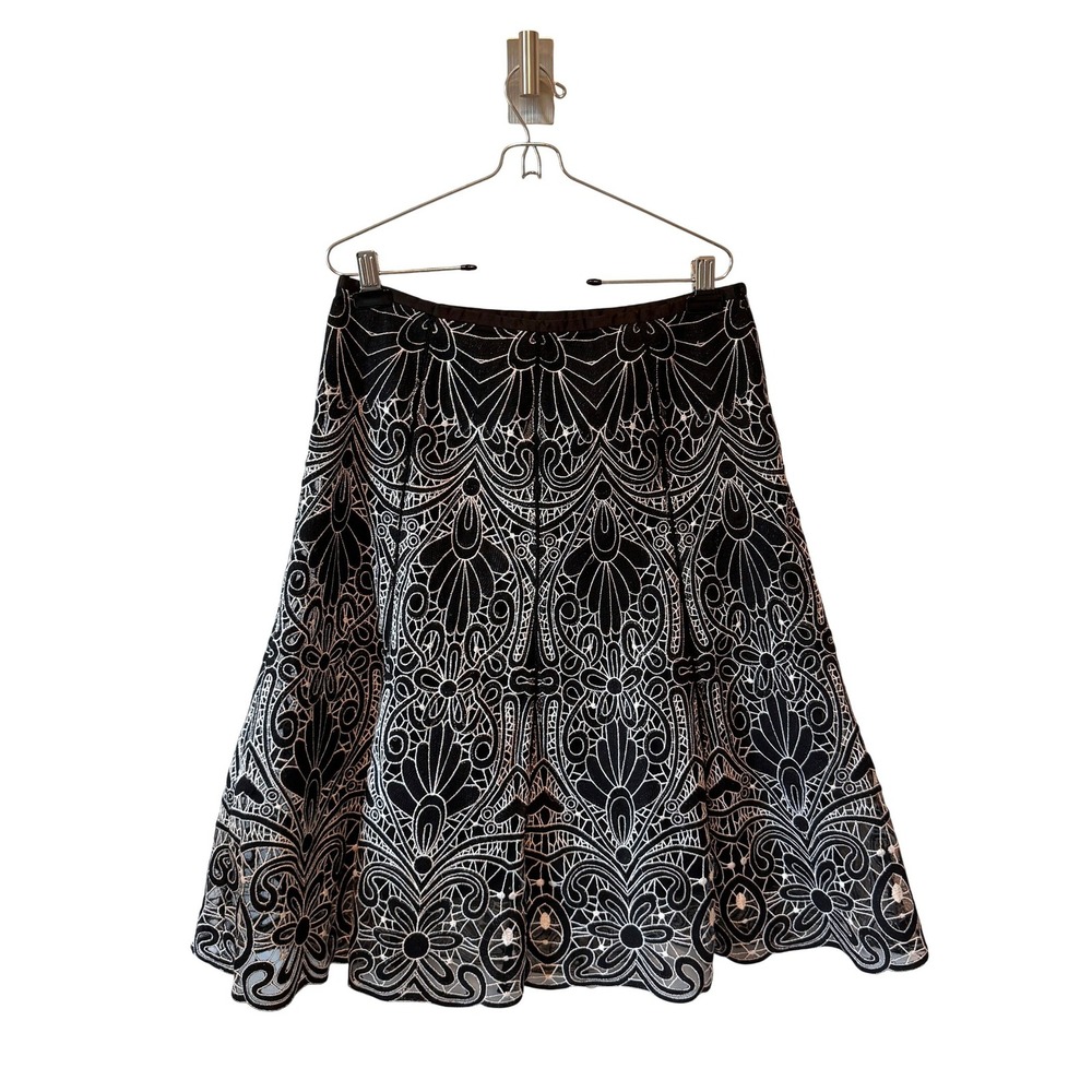 PETER NYGARD | A-Line Skirt Women 6 32" Black White Embroidered Lace Formal Midi